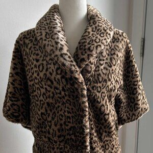 Calvin Klein Leopard Faux Fur Elbow-Sleeve Cocoon Jacket w/ Shawl Collar - US S